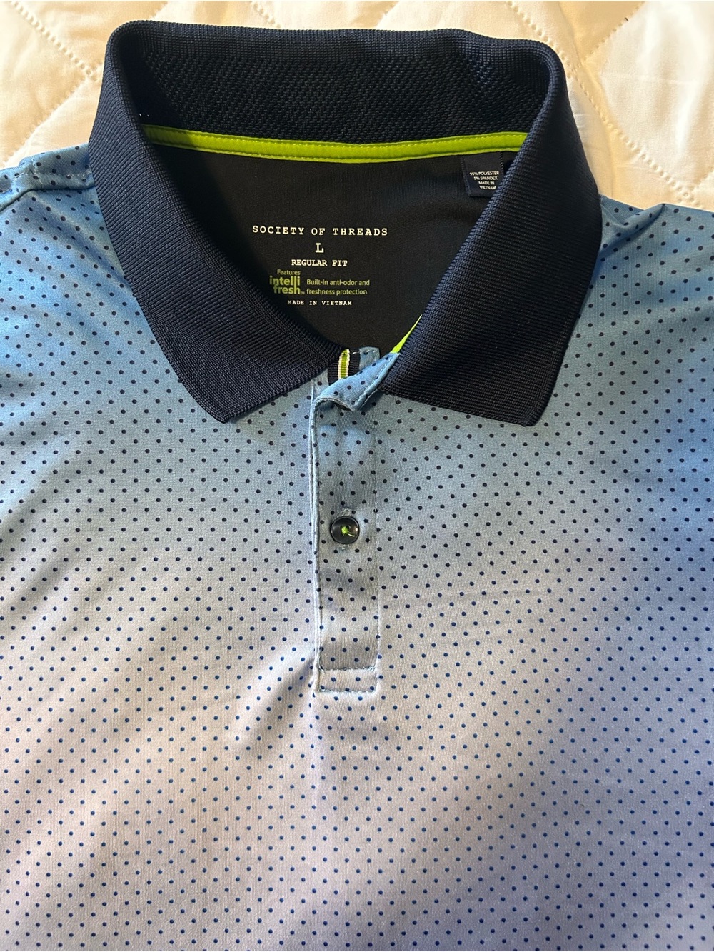 Society Of Threads Light Blue Polo with Navy Collar and Lime Trim